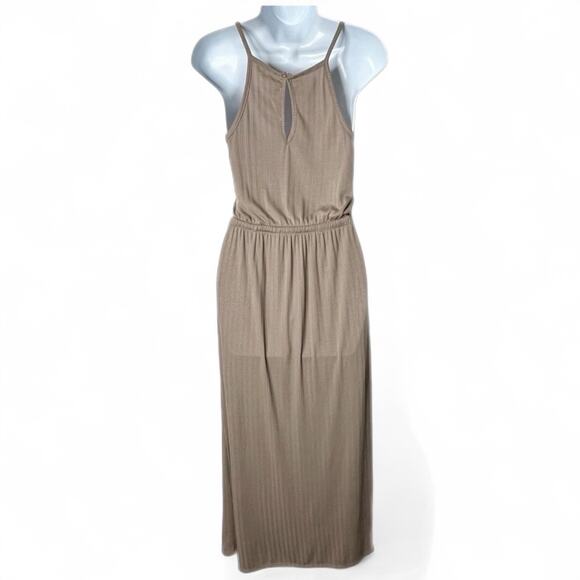 Pink Rose Women's Maxi Dress S Tan Sleeveless Blouson Ribbed Drawstring Long - Picture 4 of 8